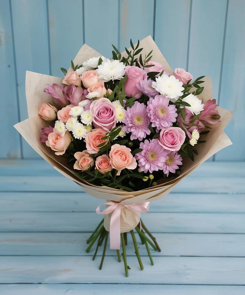 Букет цветов из: Хризантемы, Розы и Альстромерии в Болотном