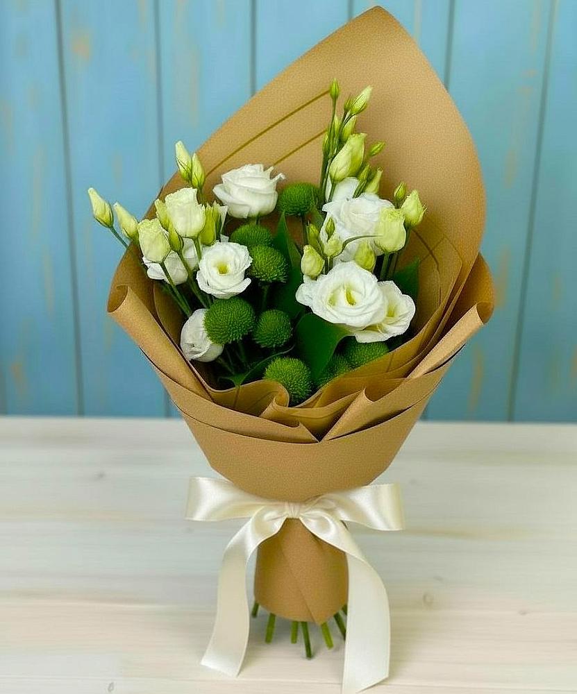 Букет цветов из: Хризантемы и Лизиантусы в Болотном