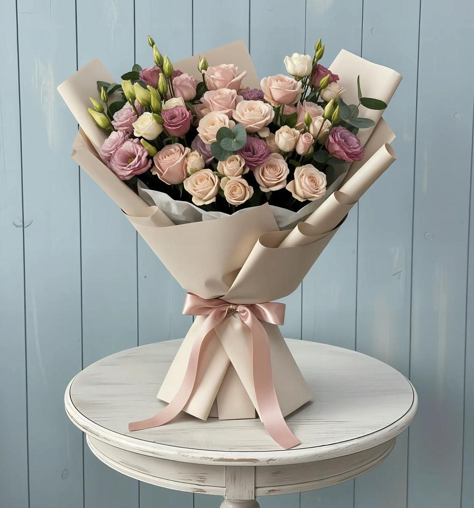 Букет цветов из: Розы и Лизиантусы в Болотном