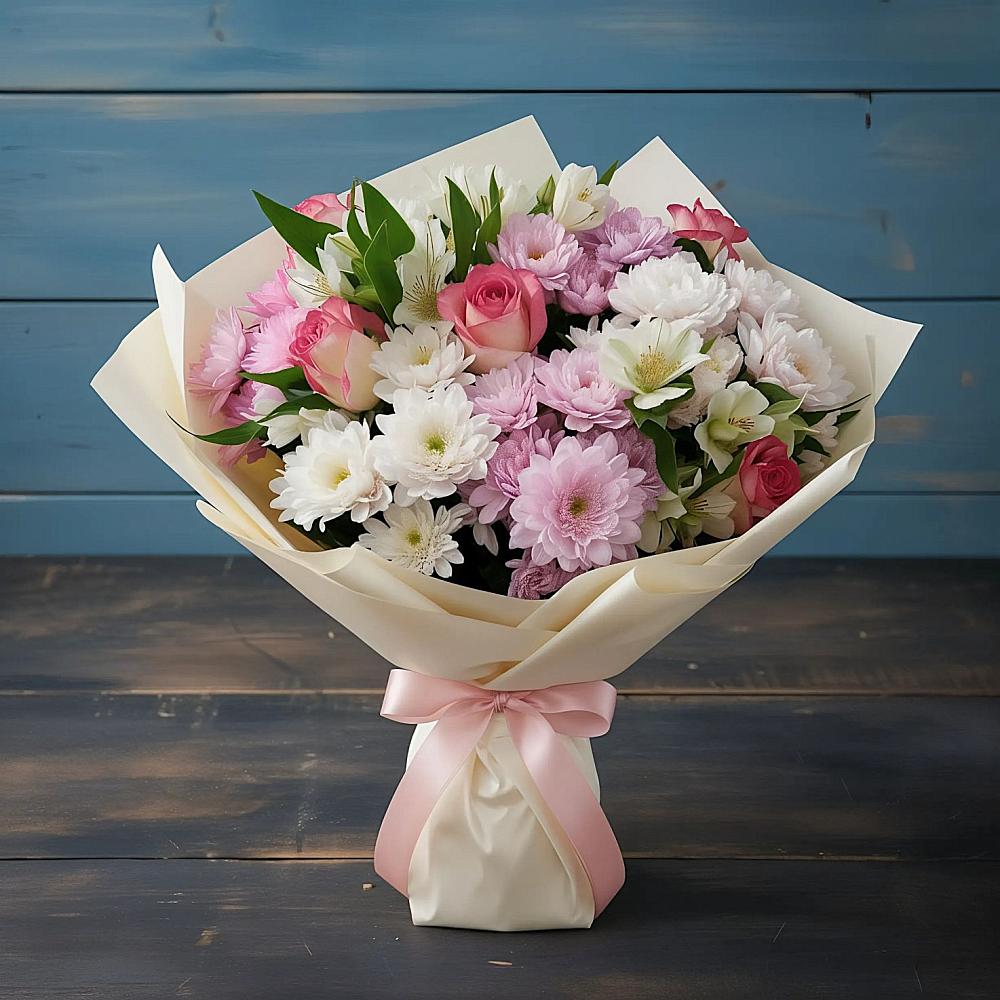 Букет цветов из: Хризантемы, Альстромерии и Розы в Болотном